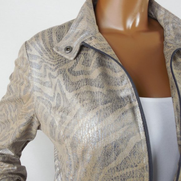 CHICO'S Top L Sz 2 Tan Animal Print Moto Jacket Zip Up Front Soft Distressed - Picture 3 of 11